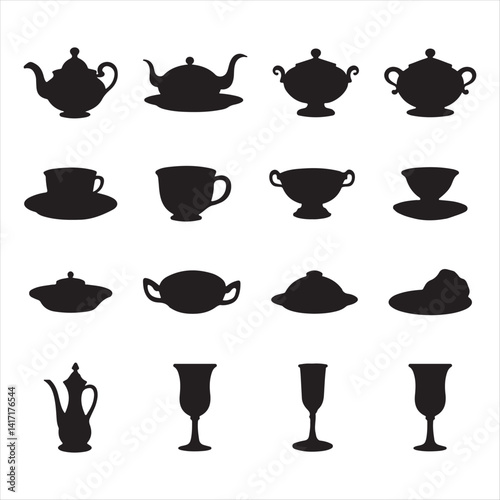 Silhouettes Vector  of Elegance Exploring the Art of Vintage Teaware White Background 