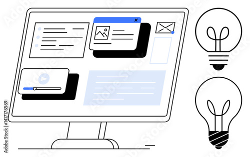 Computer monitor with open media, text, and email windows alongside two light bulbs representing innovation, creativity, and brainstorming. Ideal for technology, content creation, productivity