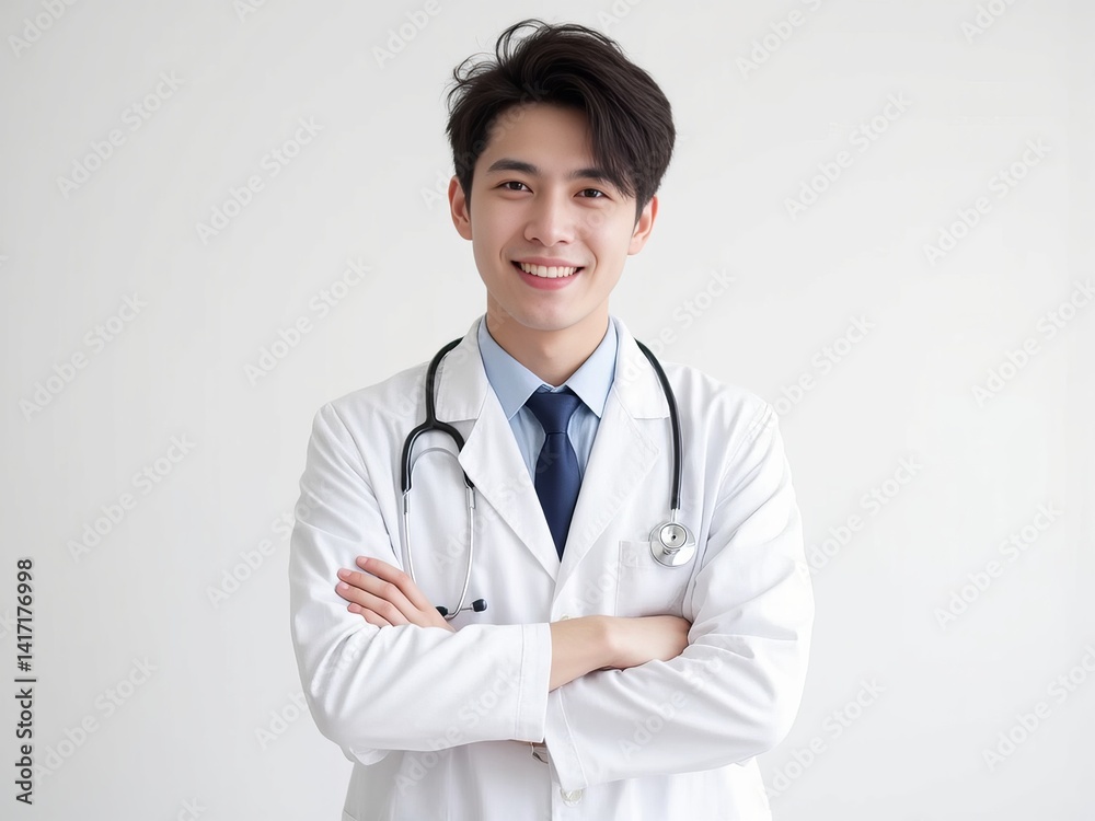 Young doctor dressed in white coat with stethoscope round his neck, holding arms crossed, smiling happily Young doctor dressed in white coat with stethoscope round his neck, holding arms crossed, smiling happily