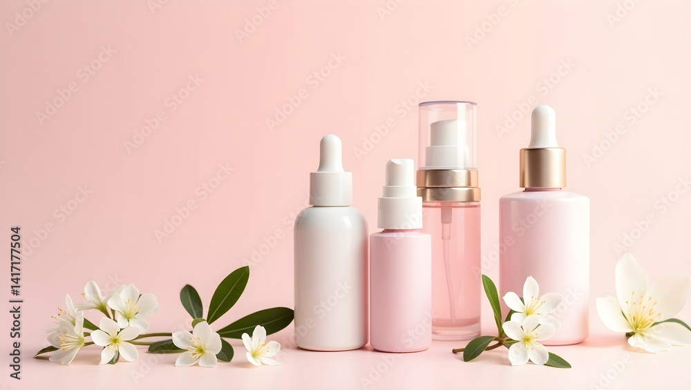A minimalist photograph featuring two glass bottles of clear, pale yellow liquid, likely essential oil, with silver caps, placed on a soft pink surface. A minimalist photograph featuring two glass bottles of clear, pale yellow liquid, likely essential oil, with silver caps, placed on a soft pink surface.
