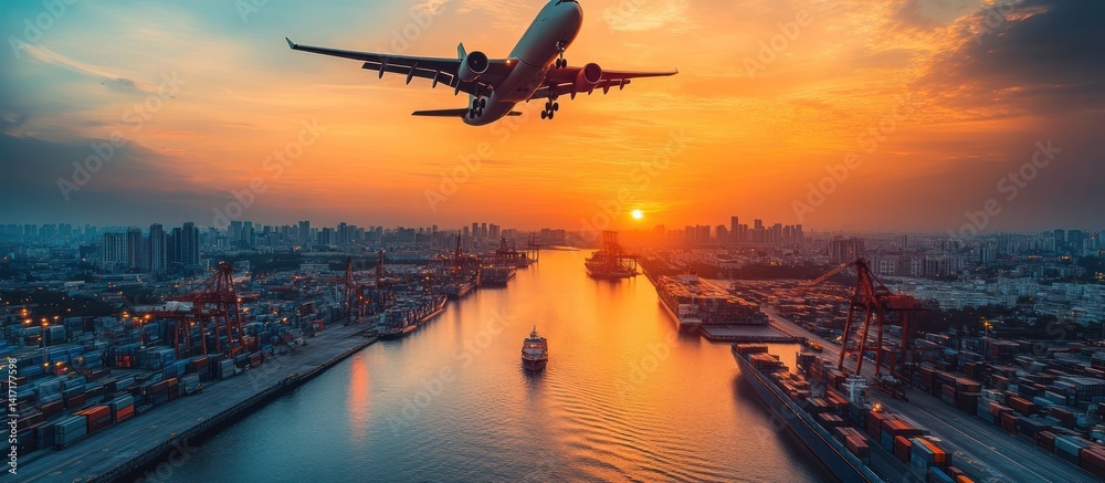 Naklejka premium Airplane over city port at sunset