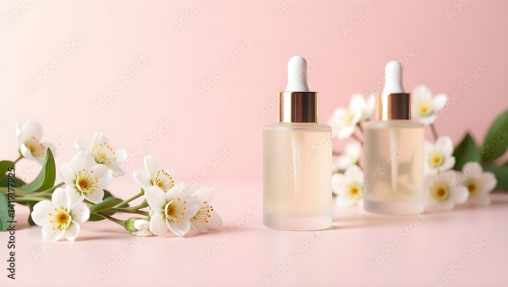A minimalist photograph featuring two glass bottles of clear, pale yellow liquid, likely essential oil, with silver caps, placed on a soft pink surface. A minimalist photograph featuring two glass bottles of clear, pale yellow liquid, likely essential oil, with silver caps, placed on a soft pink surface.