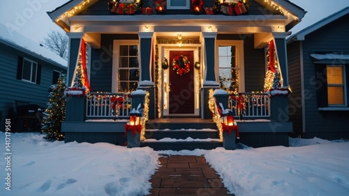 Cozy home decorated for the holidays with illuminated Christmas lights and festive decorations outside in winter snow