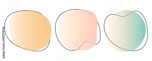 Color liquid blob shapes, pastel gradient vector organic random forms with lines, abstract fluid silhouette, simple smooth ink stain. Highlight for branding, social media, packaging, web design