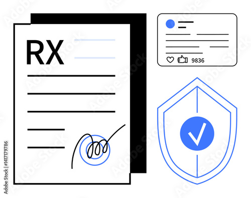 RX prescription paper with signature, verified shield with checkmark, digital profile card with thumbs ups. Ideal for healthcare, authentication, online identity, approval, safety, digital trust