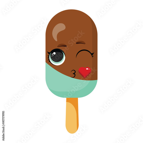 Adorable mint chocolate ice cream character winking and blowing a kiss
