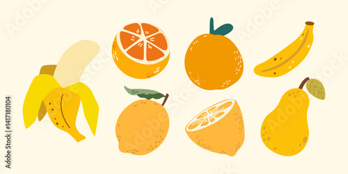 Collection of cartoon flat fruits illustration. Organic bright tropical summer food. Banana, pineapple, orange, papaya, passion fruit, strawberry, lychee, lemon, plum, cherry, pear