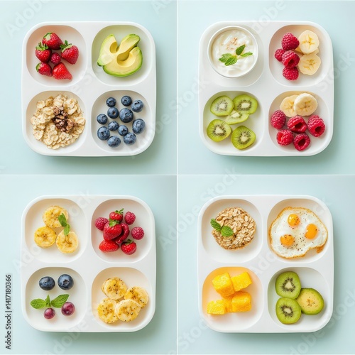 Grid of vibrant, nutritious breakfasts for toddlers featuring fresh ingredients and thoughtful plating. photo