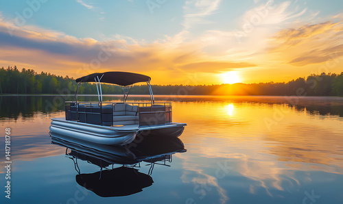 Serene Lake Sunset: A luxurious pontoon boat floats tranquilly upon a glassy lake, reflecting the fiery hues of a breathtaking sunset. The scene captures a sense of peace, and freedom. 