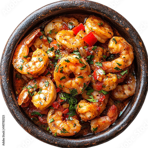 Extreme top view of a perfectly perfect looking gambas al ajillo in a dark stoneware bowl isolated on a white transparent background