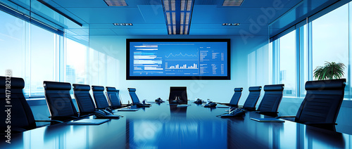Modern Meeting Room: A contemporary boardroom setup, featuring a long, polished table, comfortable chairs, and a large display screen showcasing intricate data visualizations.