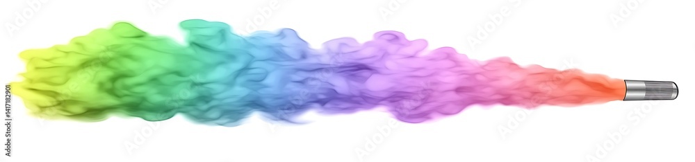Multicolored smoke plume against a white background. The smoke transitions from green to light blue, then pink, and finally orange, emanating from a silver cylindrical device Multicolored smoke plume against a white background. The smoke transitions from green to light blue, then pink, and finally orange, emanating from a silver cylindrical device
