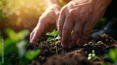 Hands nurturing a young seedling photo