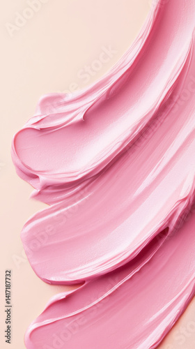 Close-up of smooth pink cosmetic cream or makeup foundation smeared on a soft beige background. Generative AI