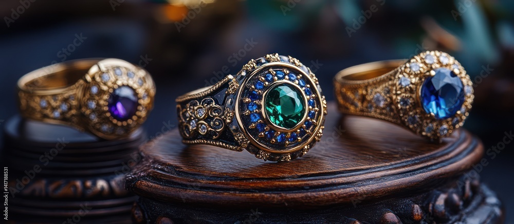 Fototapeta premium Antique Rings with Gems on Display