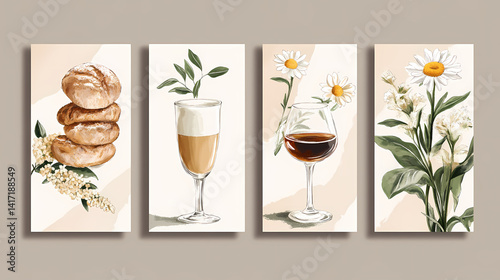 Food & drink illustrations bread, coffee, wine, flowers.  Perfect for cafe menus or blogs