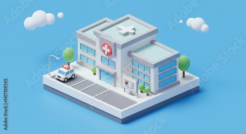 3 d hospital building illustration with ambulance