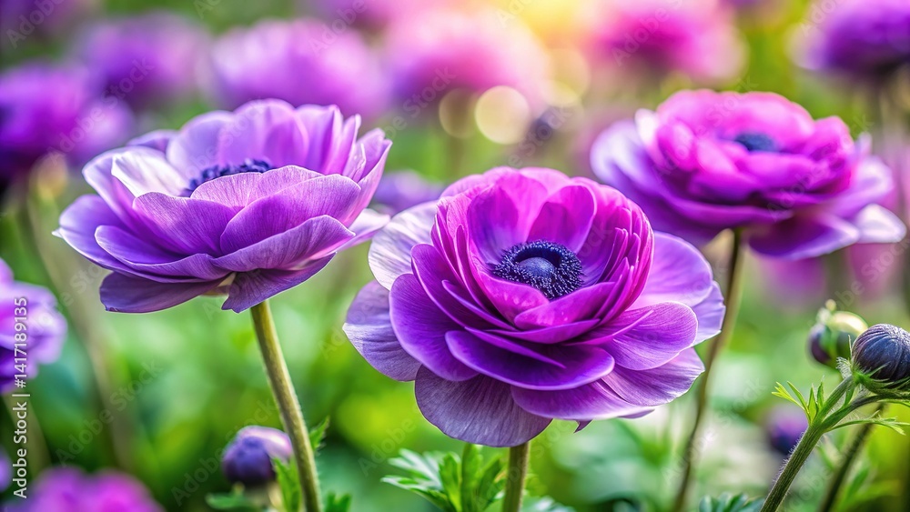 Obraz premium Purple Buttercup Flowers Close Up Nature Photography