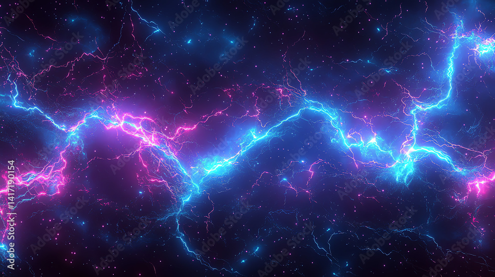 Fototapeta premium Ultra-detailed 8K futuristic electric energy background with vibrant neon blue and purple lightning bolts, glowing circuits, and digital particles. Perfect for sci-fi tech designs