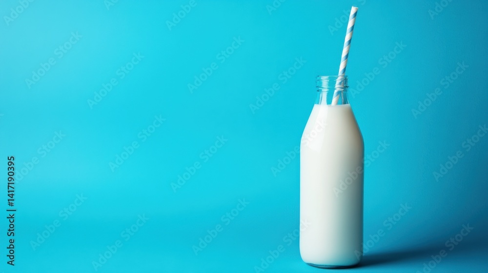 Glass bottle of milk with a striped straw against a blue background. Glass bottle of milk with a striped straw against a blue background.