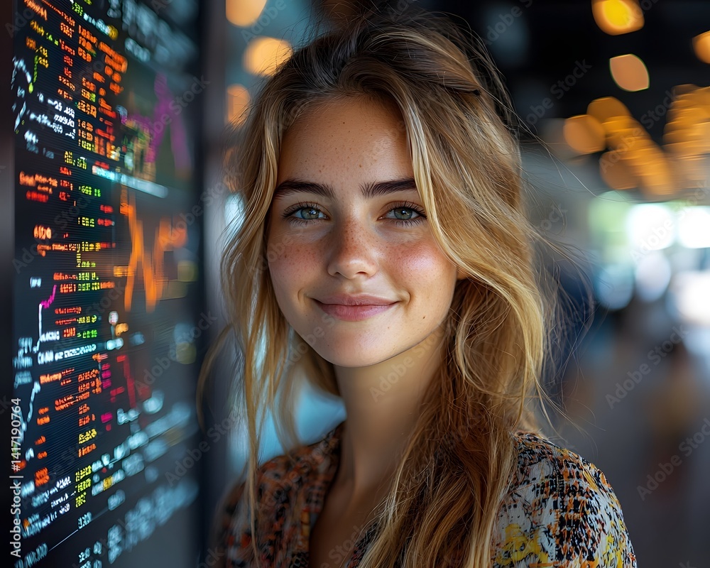 Obraz premium Confident woman business executive analyzing market data on digital screen