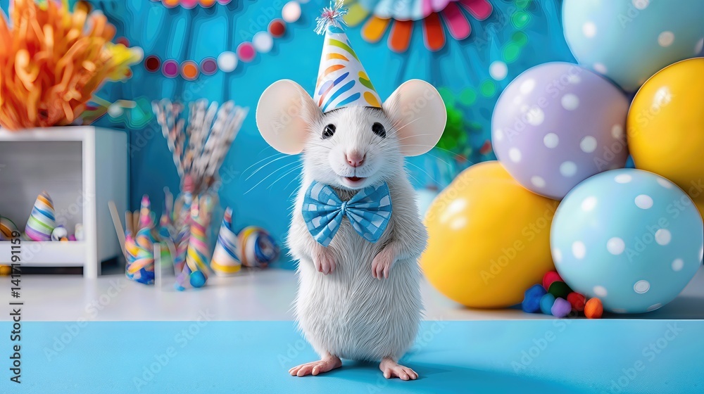 Fototapeta premium Dressed in a tiny party hat and blue bowtie, the cheerful mouse stands proudly amid bright decorations, bringing whimsical charm to the festive scene.