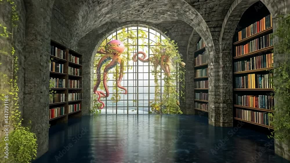 Submerged library with octopi and plants Submerged library with octopi and plants
