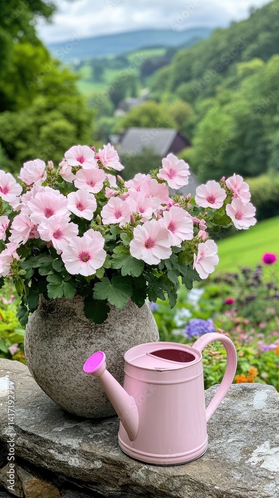 Pink geranium flowers bloom in a stone vase alongside a bright pink watering can against an old wall, showcasing a serene outdoor aesthetic Pink geranium flowers bloom in a stone vase alongside a bright pink watering can against an old wall, showcasing a serene outdoor aesthetic