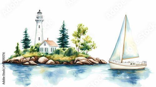 Lighthouse Island and Sailboat: A serene watercolor painting captures a picturesque coastal scene with a lighthouse standing tall on a small island. A sailboat glides gently on the water
