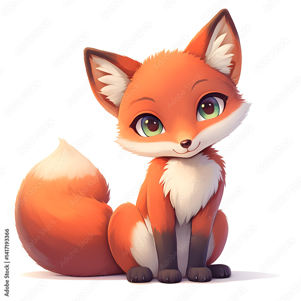 Fototapeta premium Adorable cartoon fox sitting with curled tail whimsical artwork cozy studio colorful environment