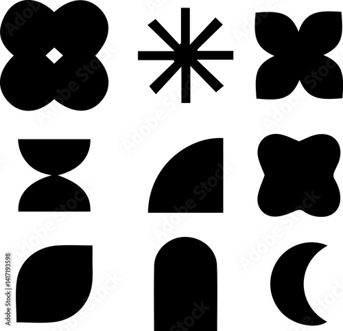 Collection of geometric shapes and patterns in black.