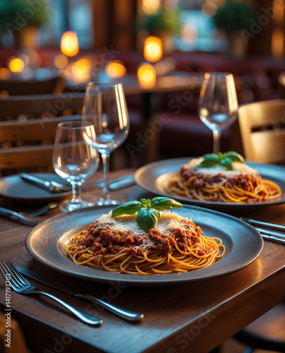 two plates of pasta carbonara with glass of wine in upscale fine dining restaurant perfect for a romantic dinner date premium stock photo inspiration
