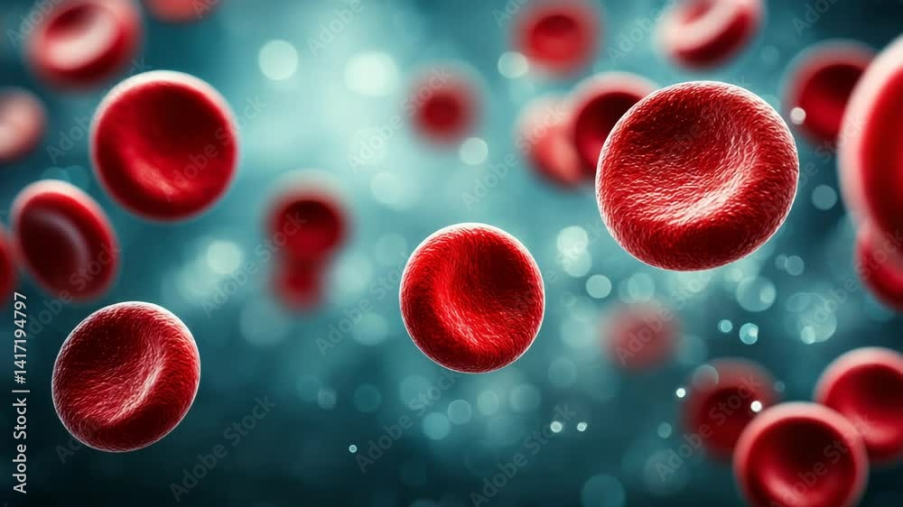 Floating red blood cells on a blue background with bokeh, representing health, medicine and blood flow concept.