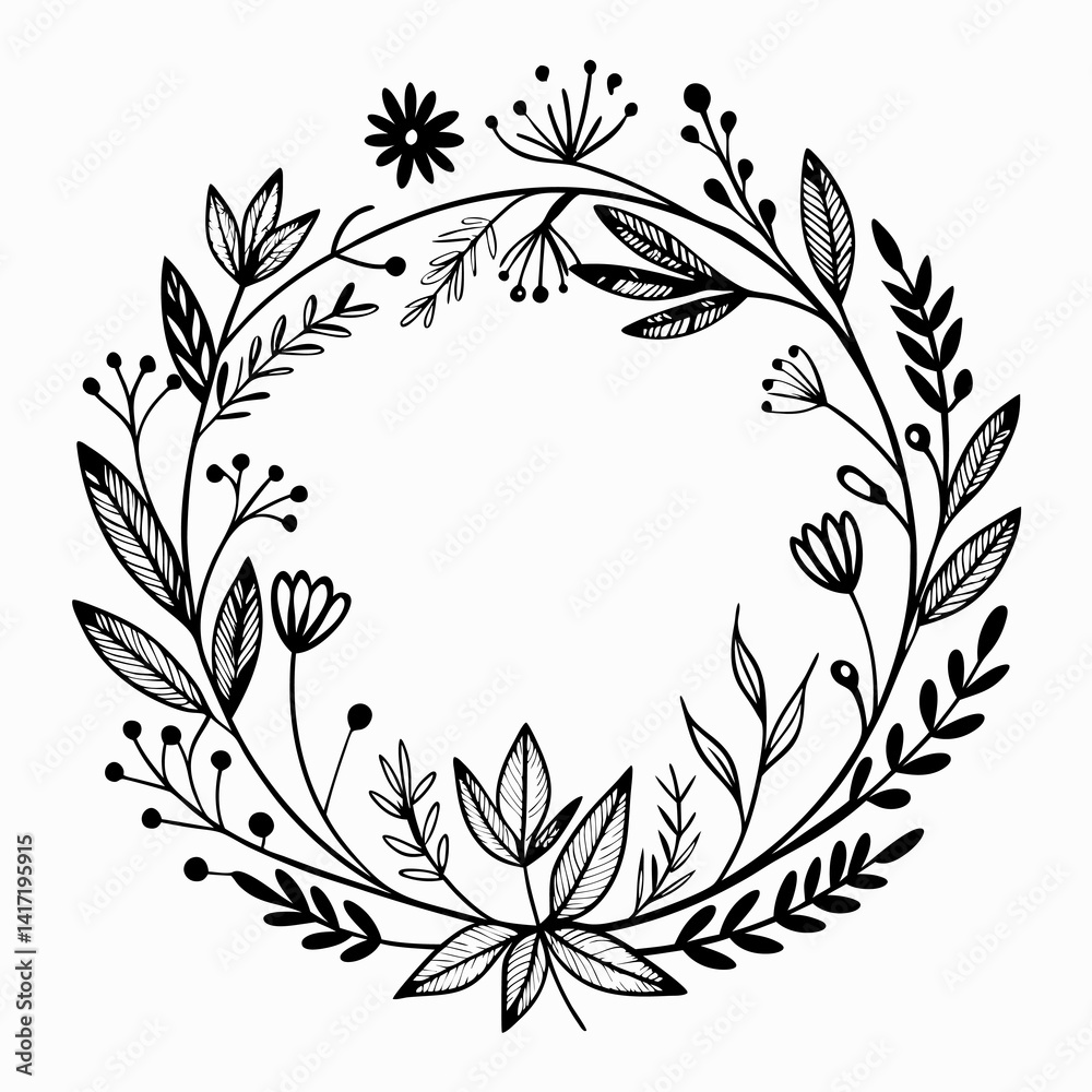 Minimalist Hand-Drawn Botanical Corner Wreath with Leaves – Elegant Line Art for Branding & Invitations