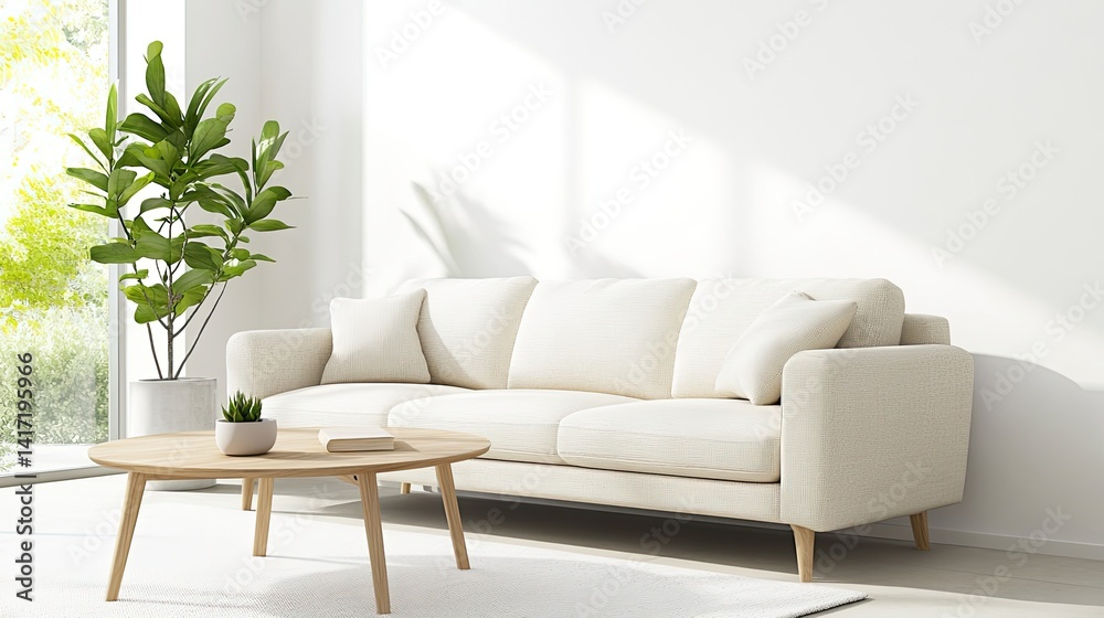 Fototapeta premium Stylish living room interior design with neutral color palette in bright space