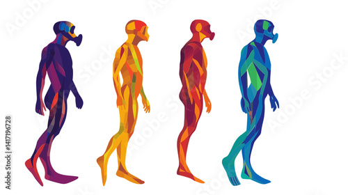 Colorful Abstract Human Figures Walking in Profile