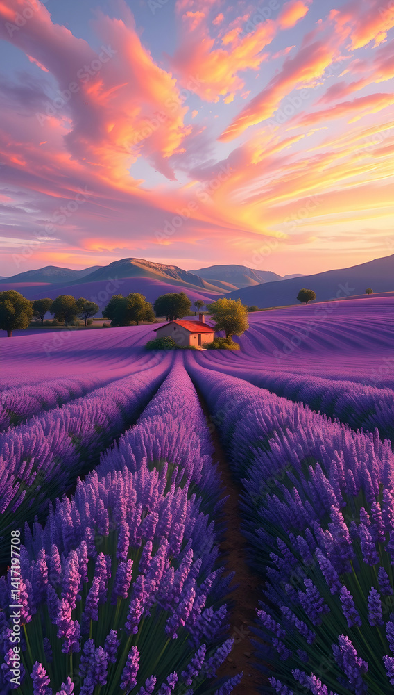 Obraz premium Peaceful lavender landscape with red-roof cottage and sunset-lit hills evokes summer calm. 