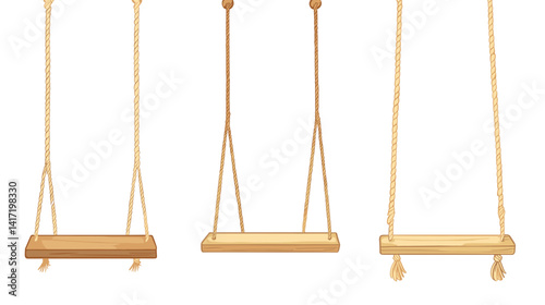 Four Simple Wooden Swings with Rope Hanging on White Background