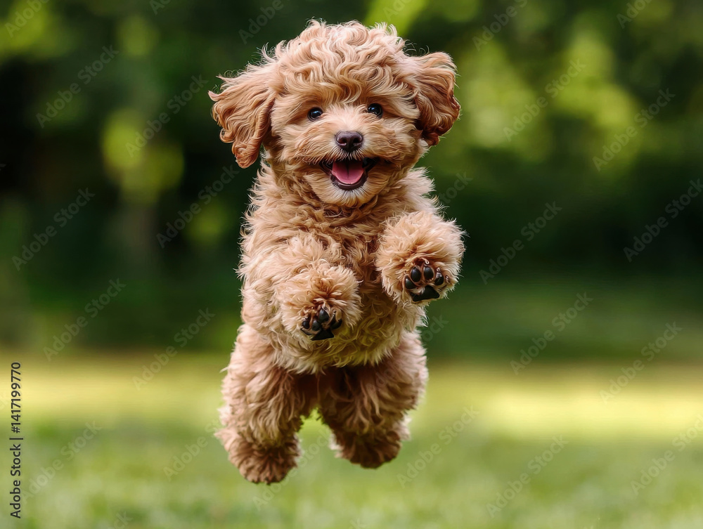 Photography Playful Poodle joyfully jumping in green outdoor setting Photography Playful Poodle joyfully jumping in green outdoor setting