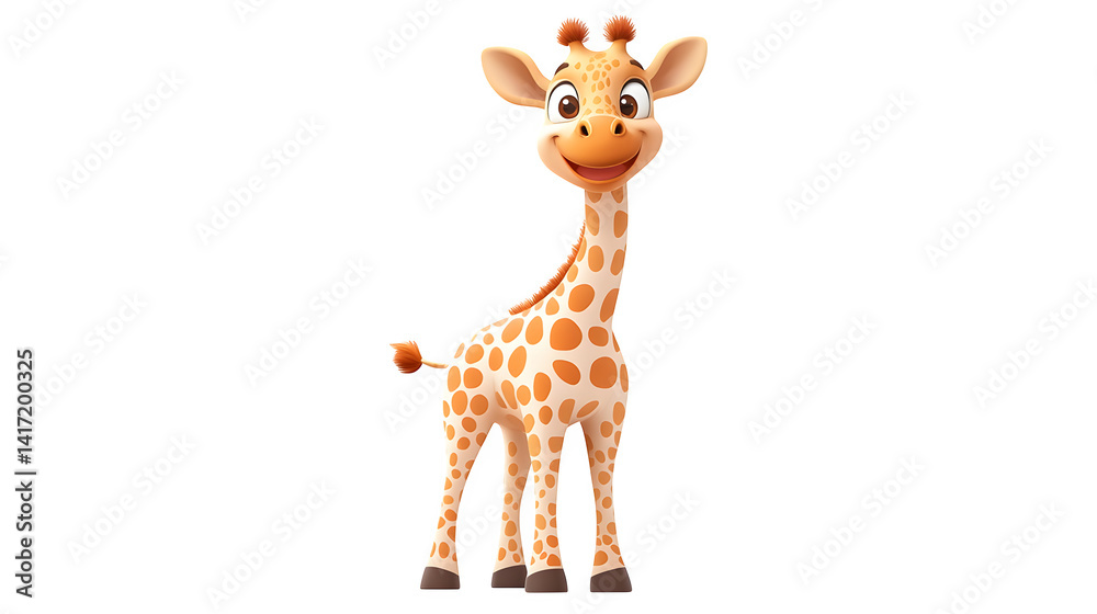 Fototapeta premium Giraffe standing tall with a happy face, cartoon vector, isolated on white background