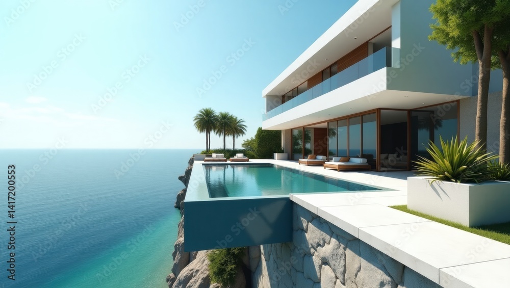 Fototapeta premium Scenic house overlooking the ocean with a vibrant and surreal cinematic view capturing nature's beauty
