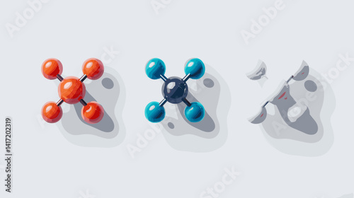 Pixel Art Molecular Structures: Red, Blue, and Grey Atoms on White Background