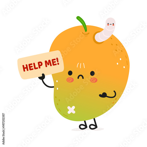 A cartoon Mango fruit character holding a help sign with a worm inside it, needing assistance.