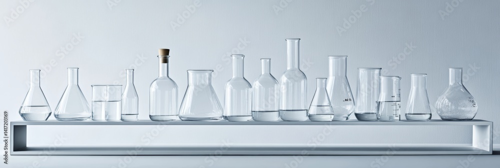 Laboratory glassware: an array of scientific beakers and bottles on a tiered shelf isolated against a clean white background Laboratory glassware: an array of scientific beakers and bottles on a tiered shelf isolated against a clean white background