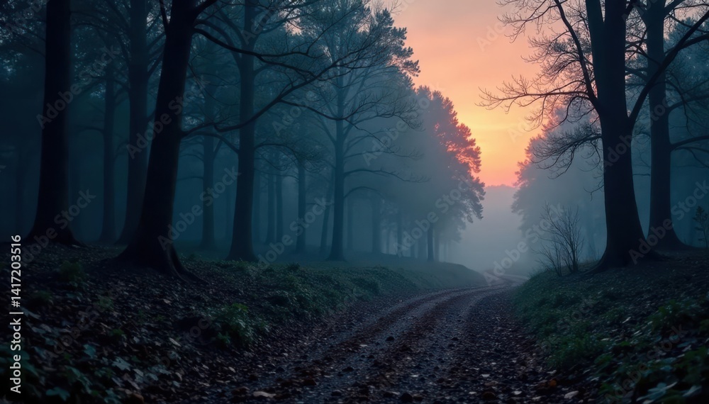 Fototapeta premium Mysterious forest at dusk with silver metal texture and soft transition gradient effect , twilight, glow