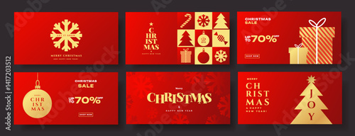 Merry Christmas and Happy New Year horizontal banner, cover, poster, greeting card set in modern simple geometric style in gold and red colors for season greetings, ads, sales, print