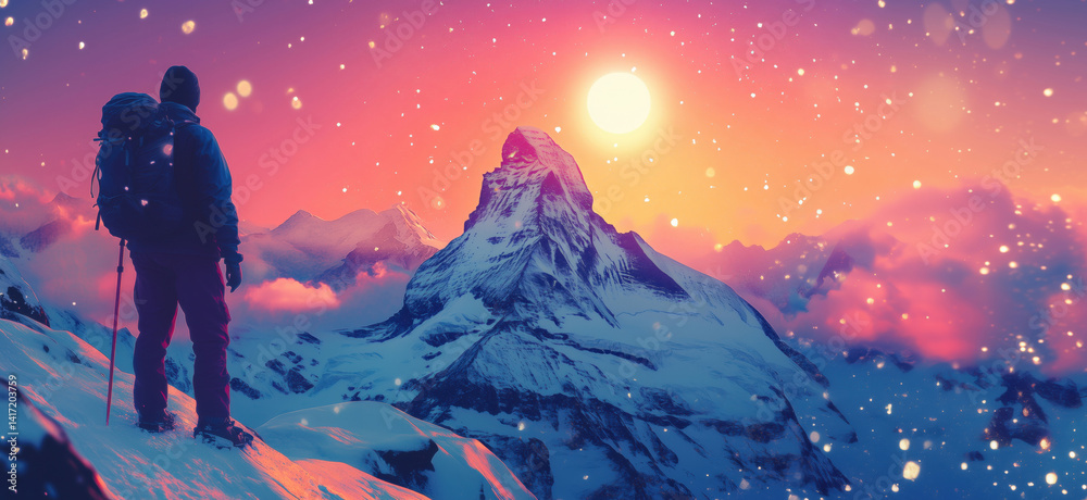 Obraz premium Majestic Matterhorn Mountain at Sunset with Snowfall, Hiker Silhouette, Vibrant Colors, Winter Adventure, Scenic Landscape, copy space for text.