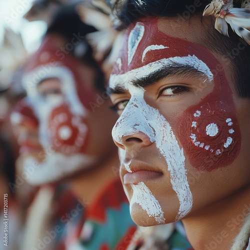 Person with traditional face paint in bright colors. Cultural festival celebration with tribal art and ceremonial makeup. Ethnic heritage and indigenous tradition concept