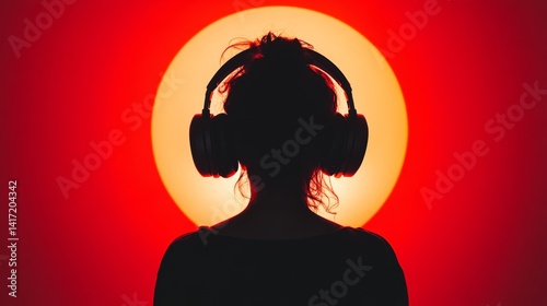 Silhouette of woman with headphones enjoying music on vibrant red background music listening experience against glowing circle audio concept 