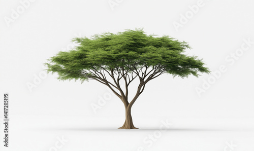 Lush green tree with expansive canopy and slender branches, showcasing vibrant foliage and natural beauty.